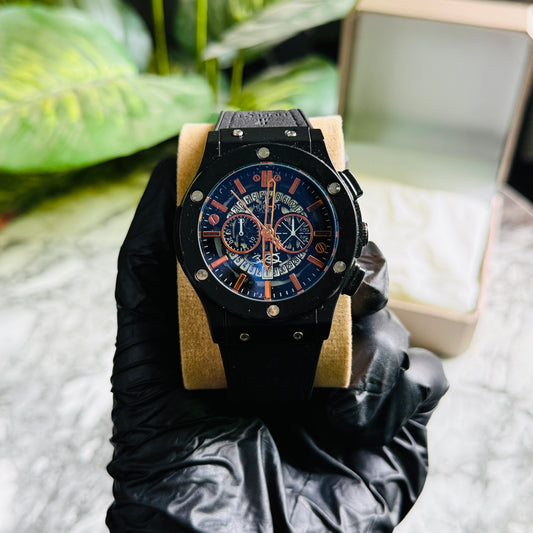 Hublot Black Leather – Golden Needles + Big Date